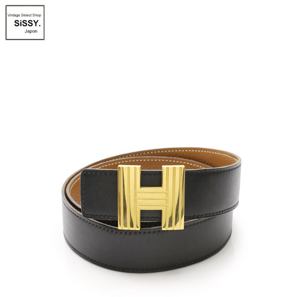■エルメス■ アッシュベルト Hベルト ベルト ボックスカーフ トゴ ブラック フォーヴ □F刻印 ゴールド金具 【HERMES】