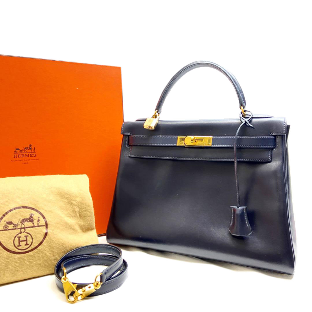 HERMES エルメス ケリー32 2WAY ハンドバッグ ボックスカーフ 内縫い ネイビー □B刻印（1998年頃製造） ソルド品