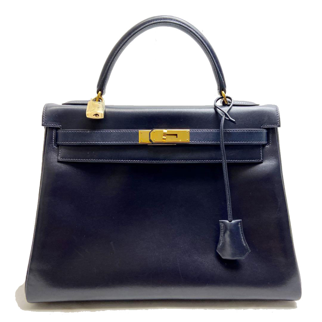 HERMES エルメス ケリー32 2WAY ハンドバッグ ボックスカーフ 内縫い ネイビー □B刻印（1998年頃製造） ソルド品