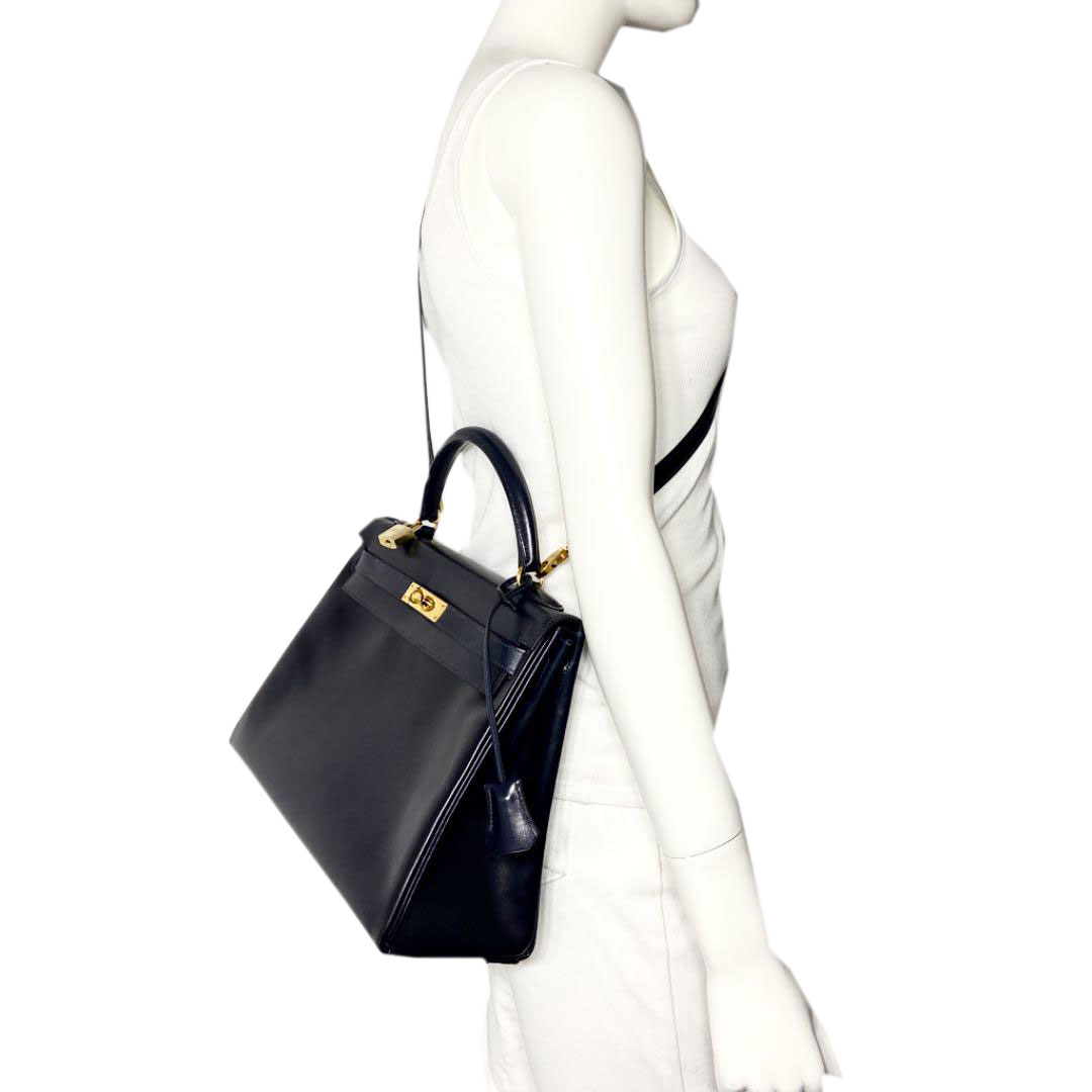 HERMES エルメス ケリー32 2WAY ハンドバッグ ボックスカーフ 内縫い ネイビー □B刻印（1998年頃製造） ソルド品