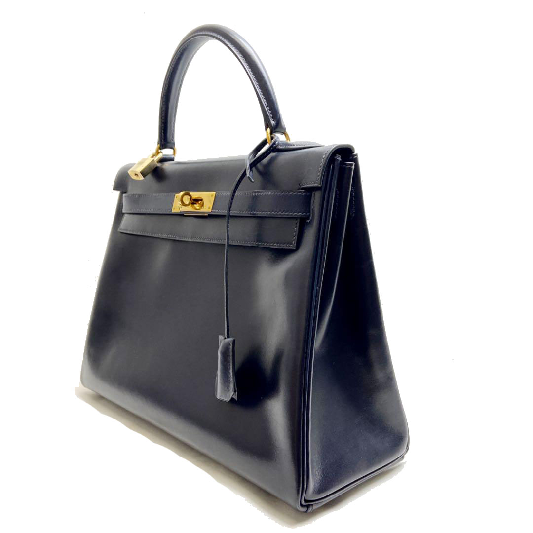 HERMES エルメス ケリー32 2WAY ハンドバッグ ボックスカーフ 内縫い ネイビー □B刻印（1998年頃製造） ソルド品