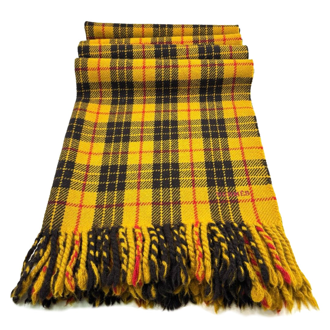 HERMES エルメス ひざ掛け ブランケット タータンチェック ウール100% イエロー系