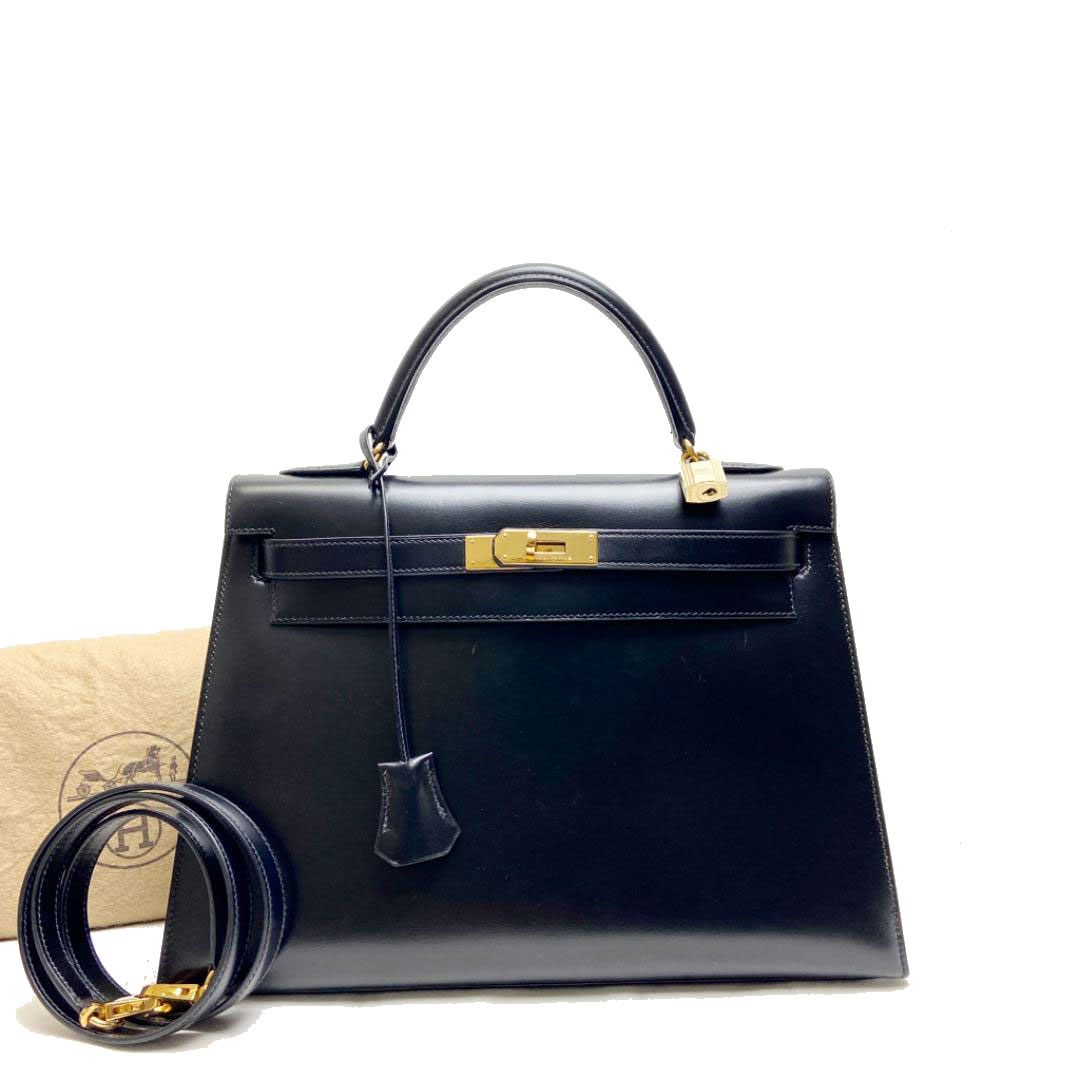 HERMES エルメス ケリー32 2WAY ハンドバッグ 外縫い カーフレザー ブラック ゴールド金具 ○V刻印（1992年頃製造）