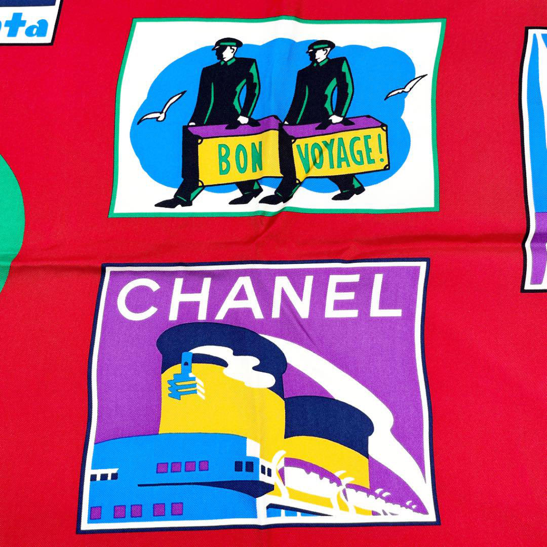 CHANEL シャネル 大判スカーフ 『BON VOYAGE』 ココマーク シルク レッド ゴールド