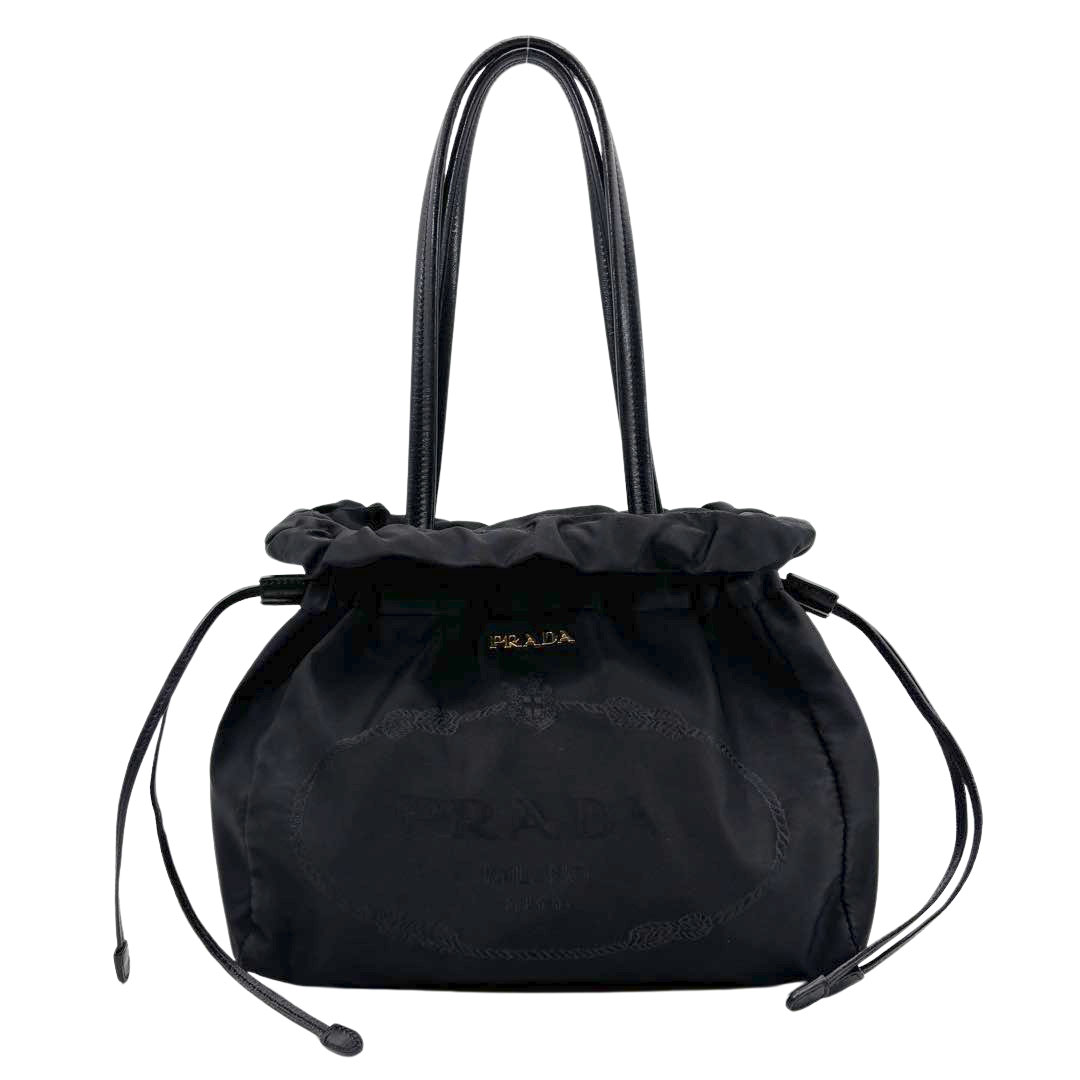 PRADA プラダ 巾着型トートバッグ ロゴジャガード ナイロン/レザー ブラック