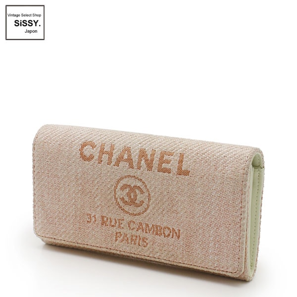 ■シャネル■ ドーヴィル 二つ折り長財布 ストロー レザー ピンク 【CHANEL】