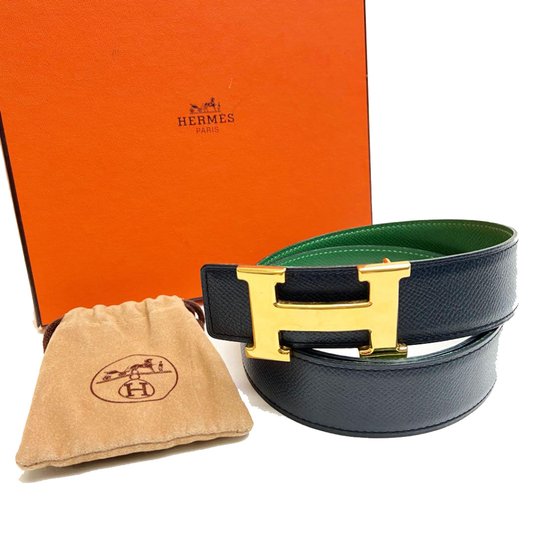 HERMES エルメス コンスタンス Hベルト レザー 78 ダークネイビー/グリーン ゴールド金具 ○Z刻印（1996年頃製造）