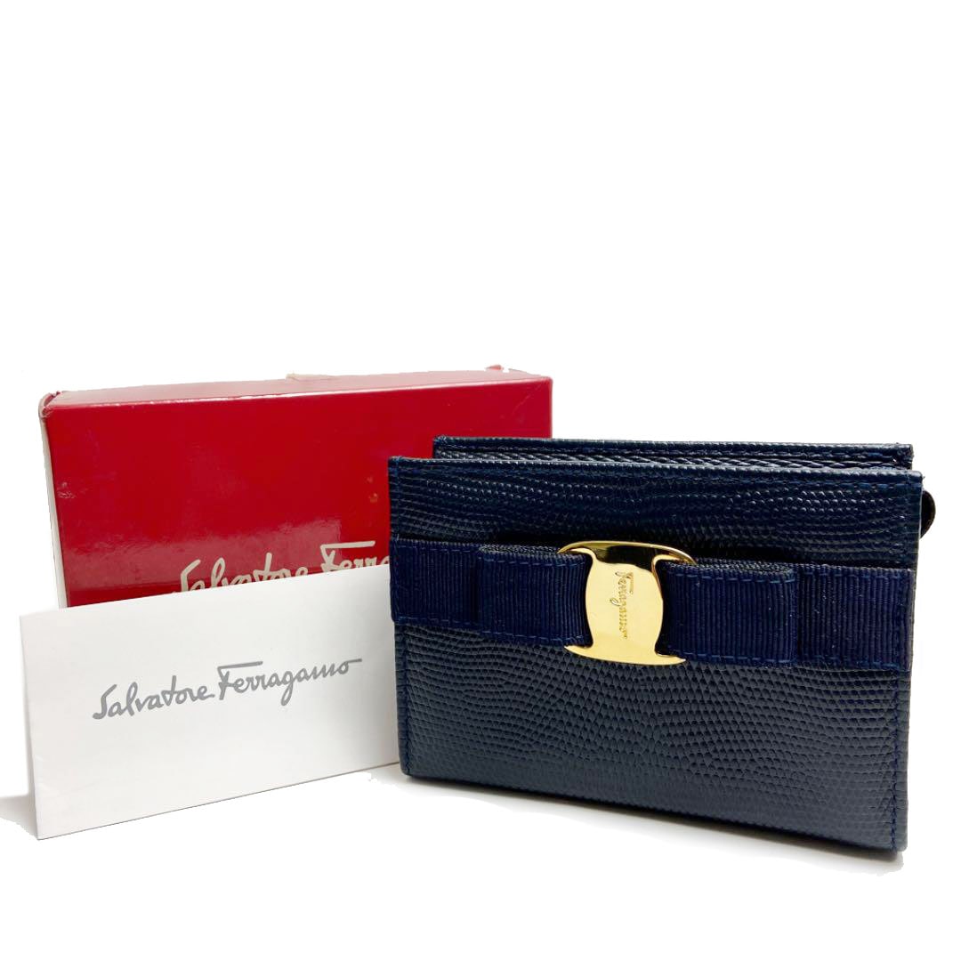 Salvatore Ferragamo サルヴァトーレ・フェラガモ ヴァラリボン 化粧ポーチ リザード 型押しレザー ネイビー ゴールド金具