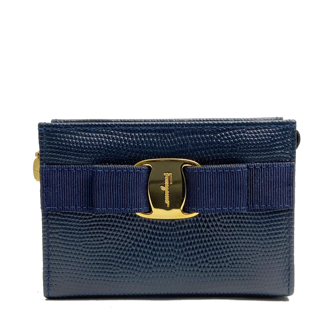 Salvatore Ferragamo サルヴァトーレ・フェラガモ ヴァラリボン 化粧ポーチ リザード 型押しレザー ネイビー ゴールド金具
