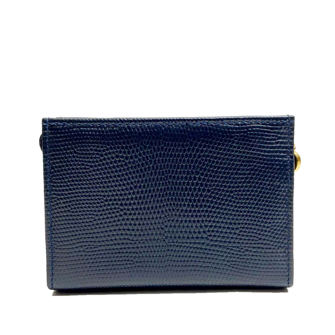 Salvatore Ferragamo サルヴァトーレ・フェラガモ ヴァラリボン 化粧ポーチ リザード 型押しレザー ネイビー ゴールド金具