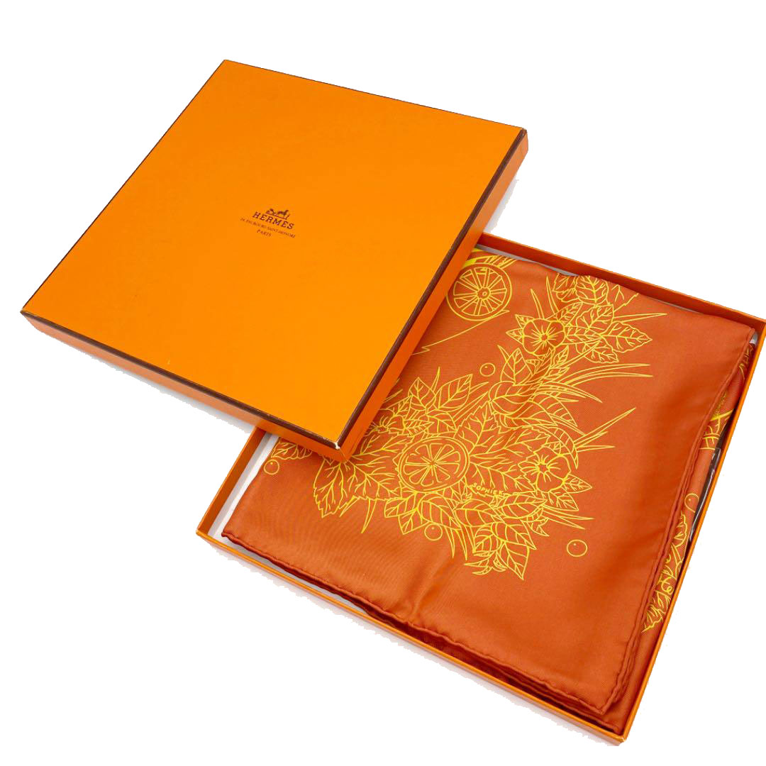 ❤お得なお品❤クリーニング済 カシシル ストール オレンジ エルメス 馬車地模様 HERMES エルメス スカーフ カレ90 『De La Citrouille a la