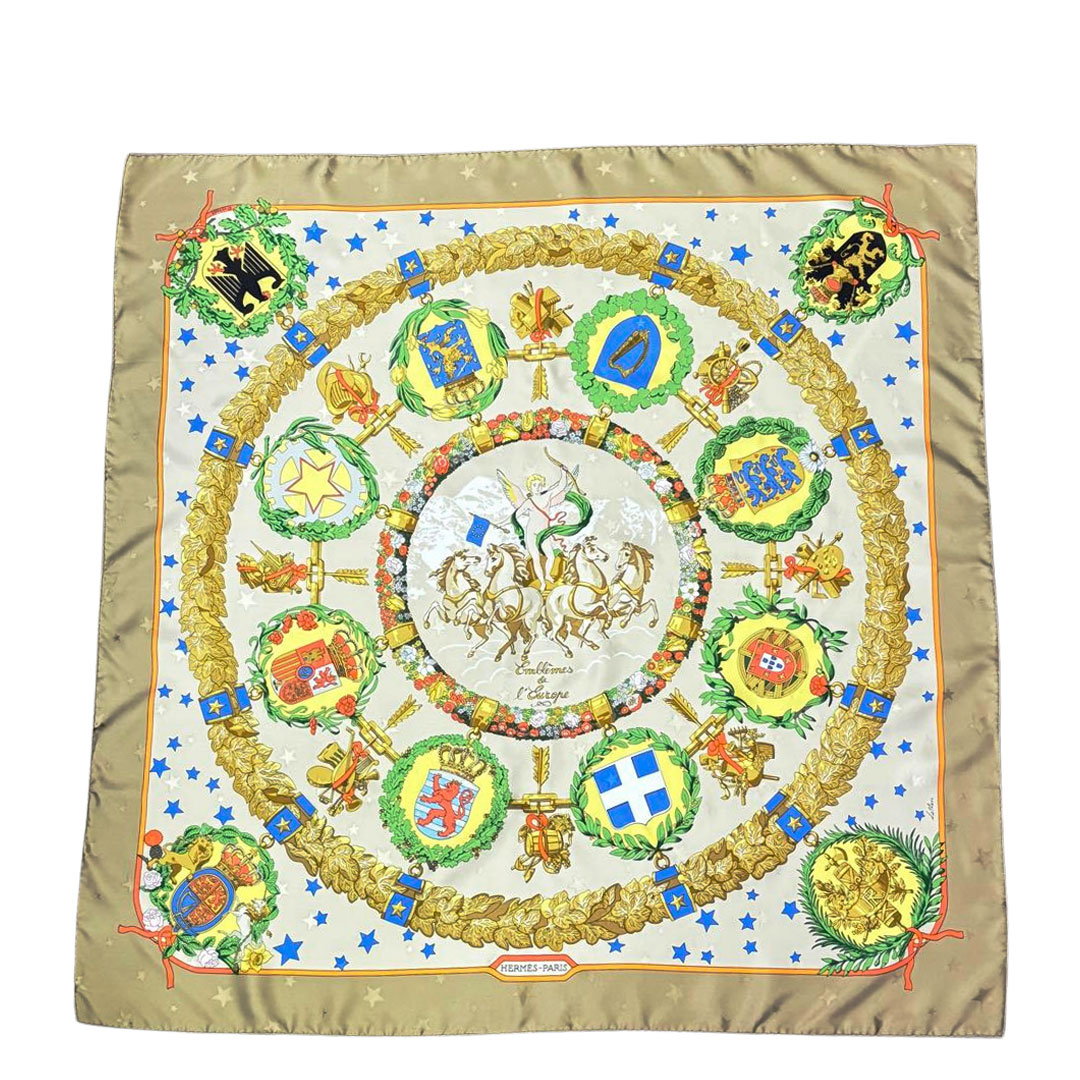 HERMES エルメス スカーフ カレ90 『Emblemes de L'Europe(ヨーロッパのエンブレム)』 シルク ベージュ系マルチカラー