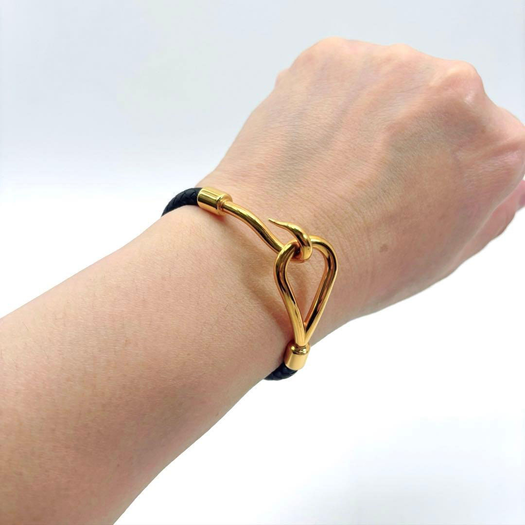 HERMES エルメス レザーブレスレット ジャンボH 編み込みレザー ブラック/ゴールド金具