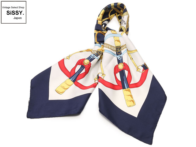 HERMES エルメス カレ90 「Eperon dor」 スカーフ シルク ネイビー系マルチカラー