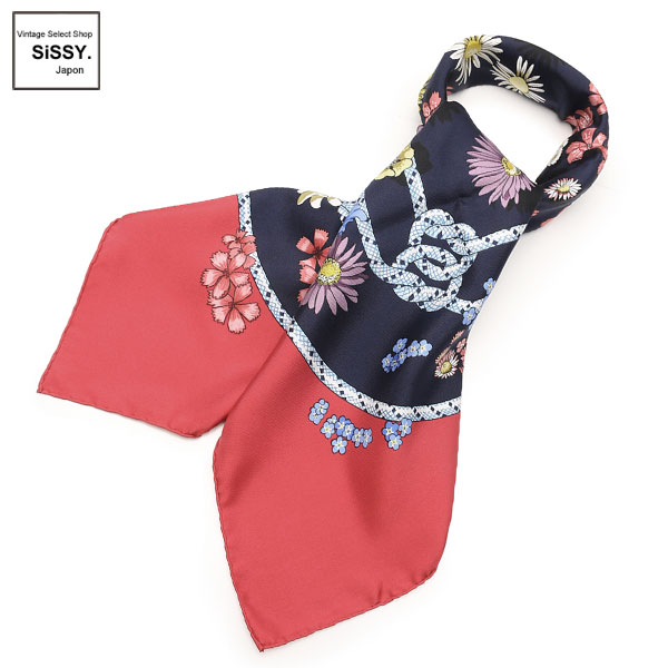 ■エルメス■ スカーフ カレ90 FLEURS DE MONTAGNE シルク レッド ネイビー マルチカラー 【HERMES】