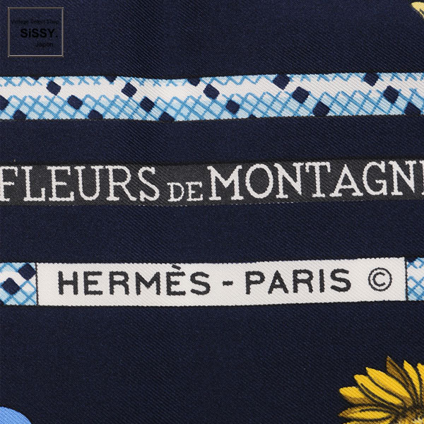 ■エルメス■ スカーフ カレ90 FLEURS DE MONTAGNE シルク レッド ネイビー マルチカラー 【HERMES】