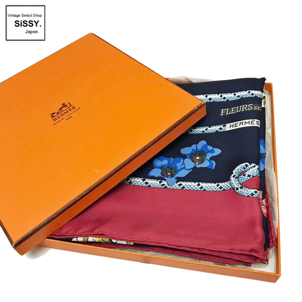 ■エルメス■ スカーフ カレ90 FLEURS DE MONTAGNE シルク レッド ネイビー マルチカラー 【HERMES】