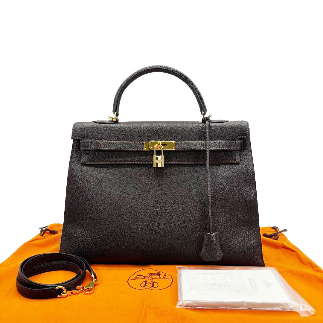 HERMES エルメス ハンドバッグ ケリー35 外縫い シェーブル・コロマンデル ダークブラウン/ゴールド金具 □H刻印