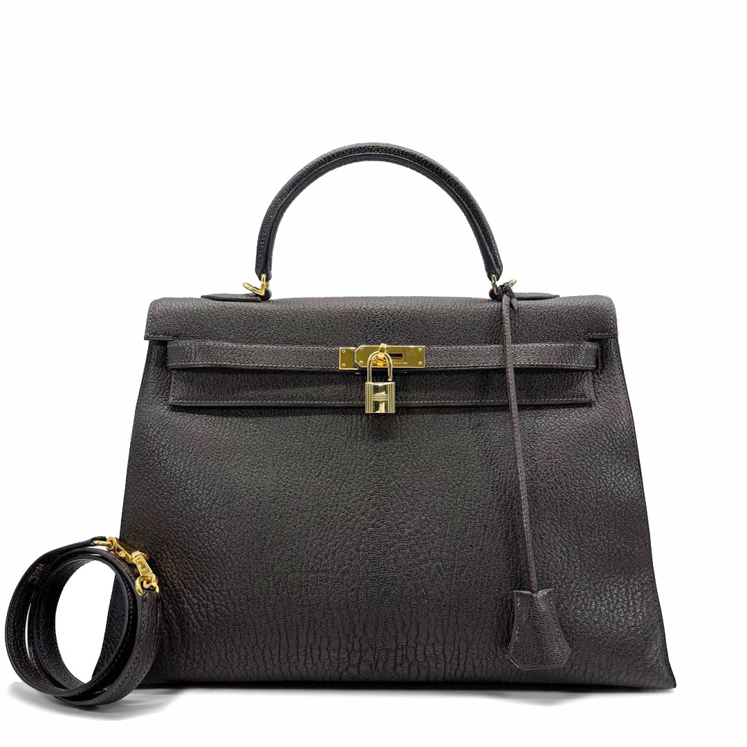 HERMES エルメス ハンドバッグ ケリー35 外縫い シェーブル・コロマンデル ダークブラウン/ゴールド金具 □H刻印