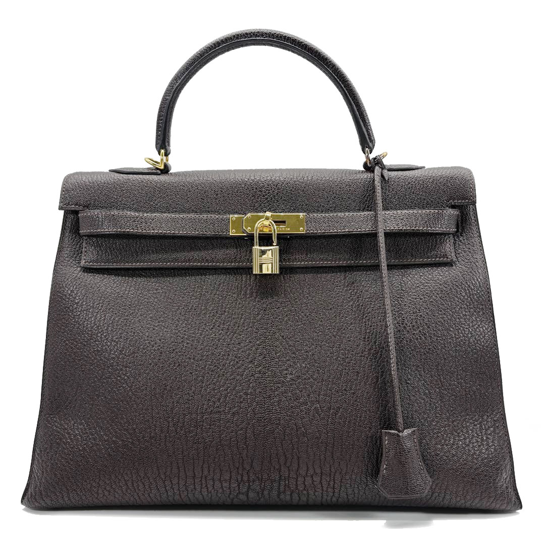 HERMES エルメス ハンドバッグ ケリー35 外縫い シェーブル・コロマンデル ダークブラウン/ゴールド金具 □H刻印