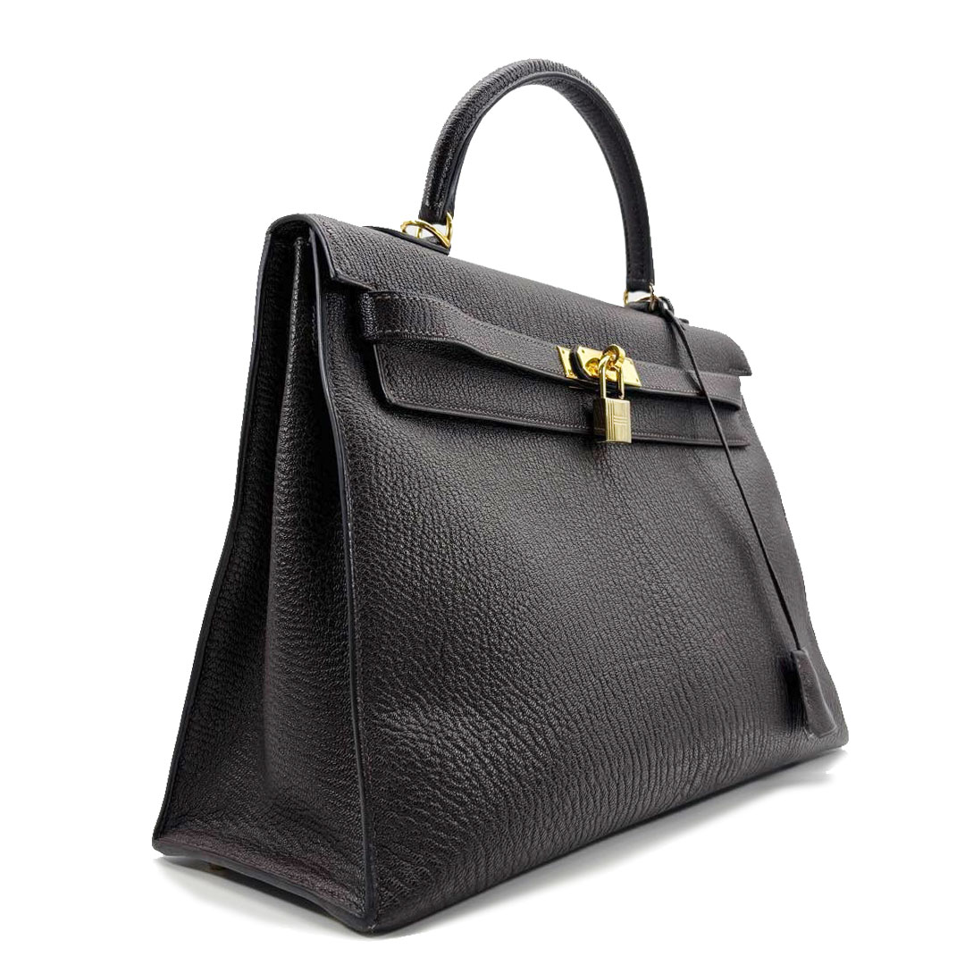 HERMES エルメス ハンドバッグ ケリー35 外縫い シェーブル・コロマンデル ダークブラウン/ゴールド金具 □H刻印