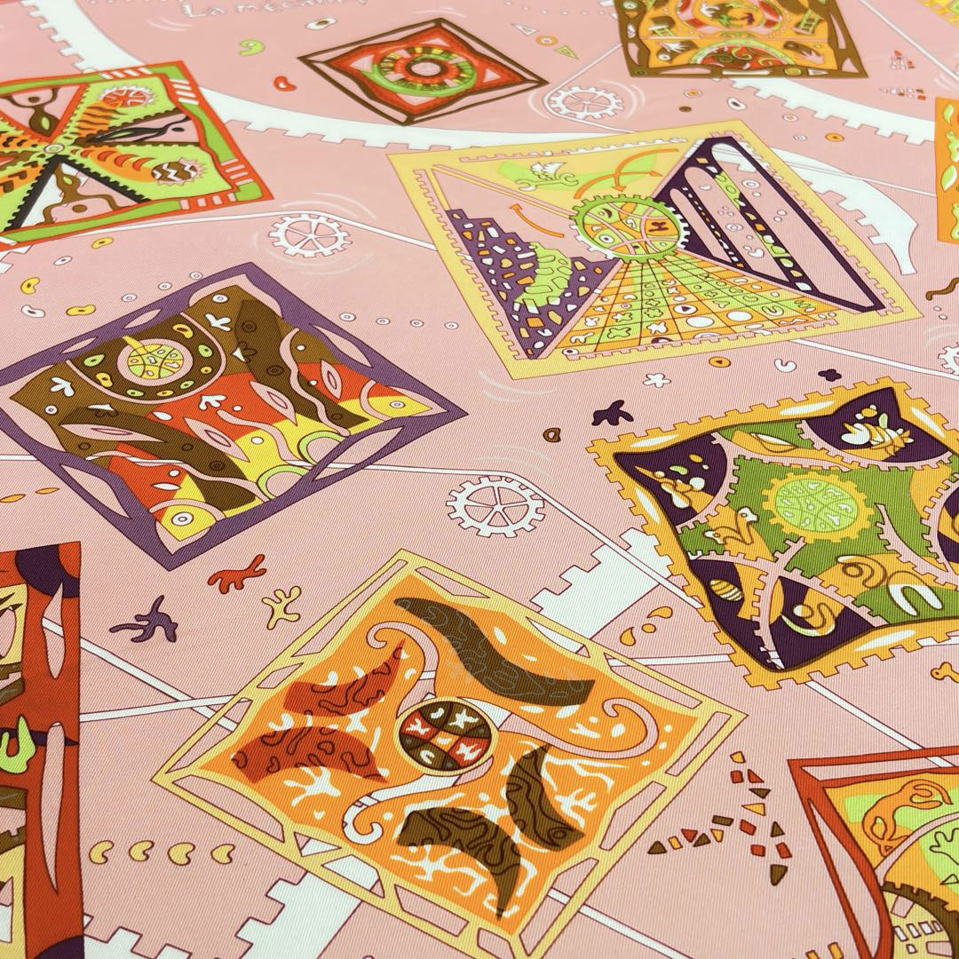 HERMES エルメス スカーフ カレ90 『La mecanique des idees(アイディアの構造)』 シルク ピンク系