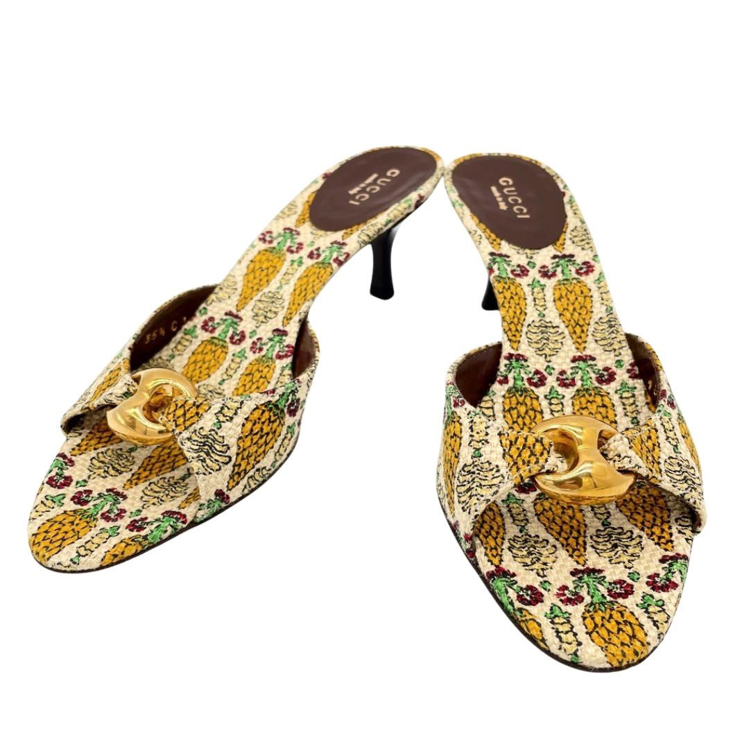 GUCCI グッチ ミュールサンダル 植物柄 キャンバス ベージュ系 35 1/2(約22.5cm)