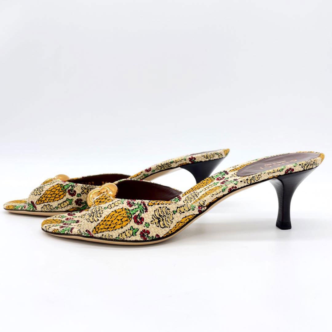 GUCCI グッチ ミュールサンダル 植物柄 キャンバス ベージュ系 35 1/2(約22.5cm)