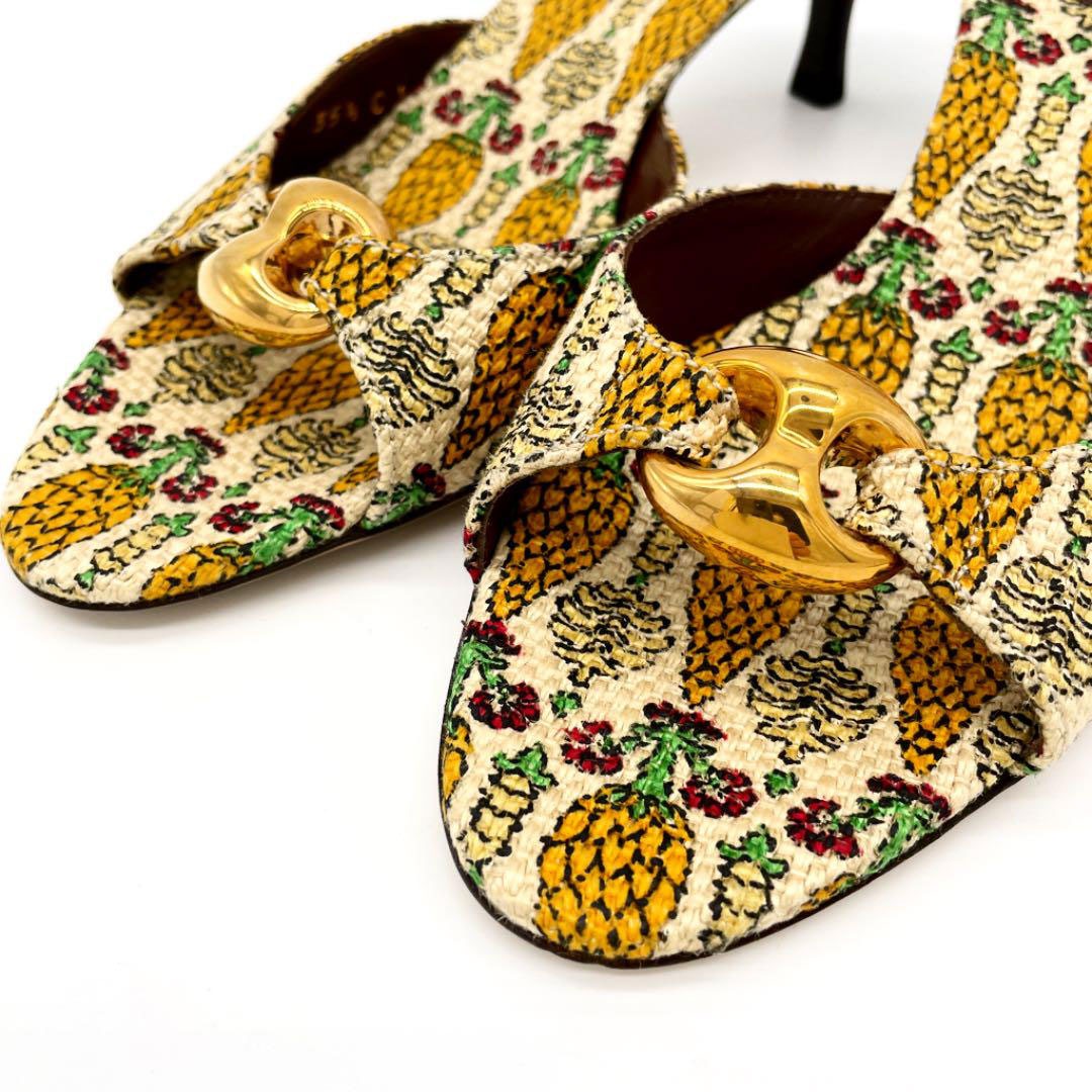 GUCCI グッチ ミュールサンダル 植物柄 キャンバス ベージュ系 35 1/2(約22.5cm)