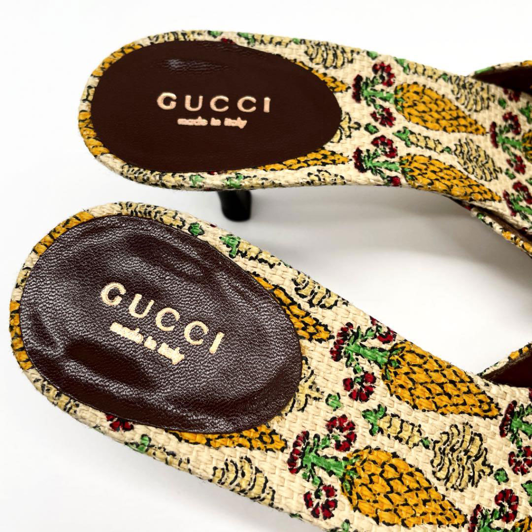 GUCCI グッチ ミュールサンダル 植物柄 キャンバス ベージュ系 35 1/2(約22.5cm)