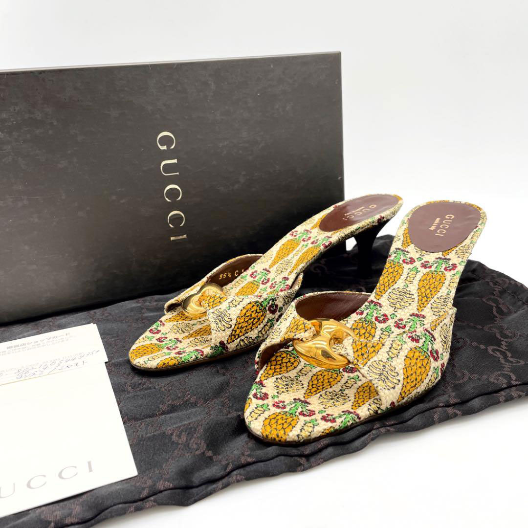 GUCCI グッチ ミュールサンダル 植物柄 キャンバス ベージュ系 35 1/2(約22.5cm)