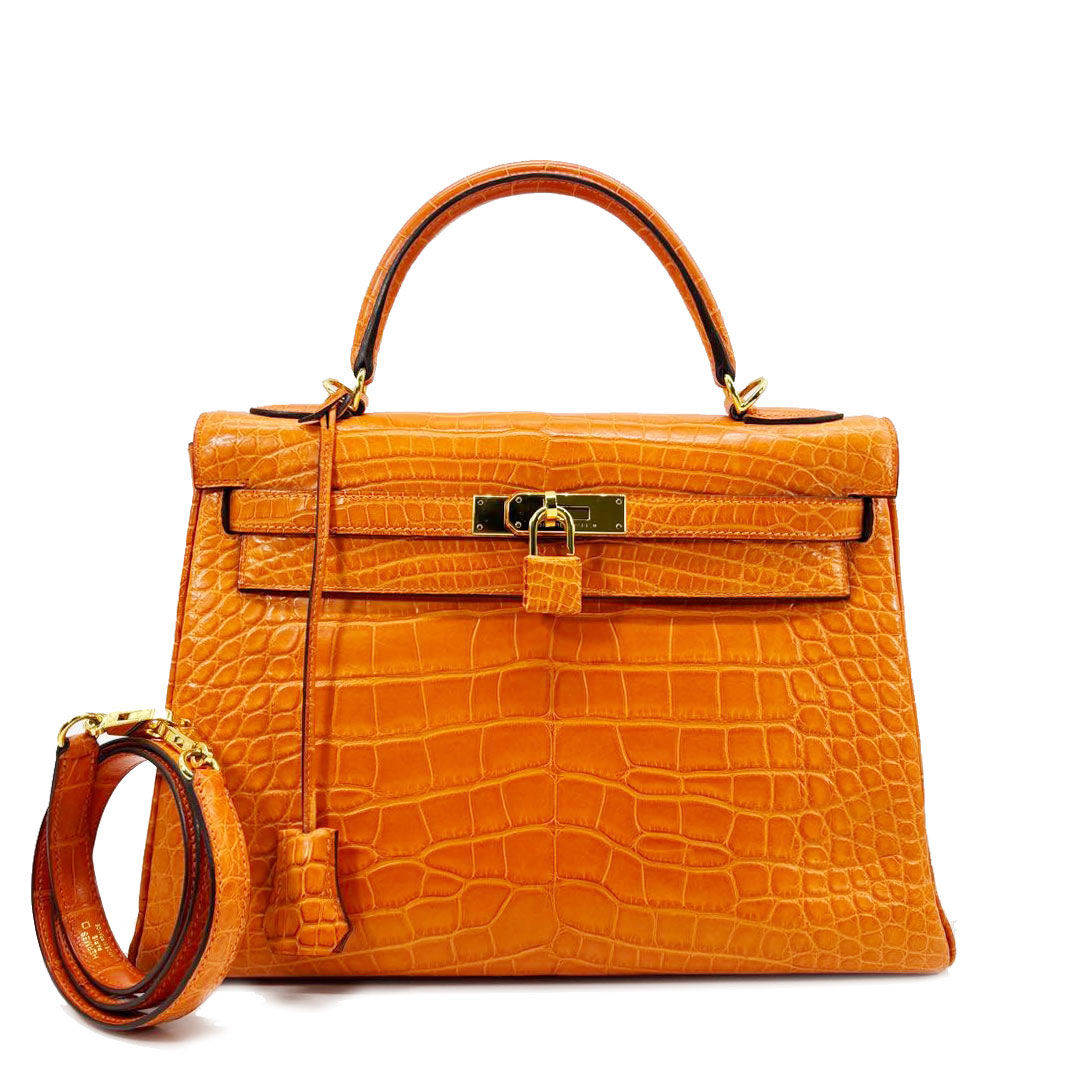 HERMES エルメス ハンドバッグ ケリー32 内縫い クロコダイル(アリゲーター) オレンジ/ゴールド金具 □R刻印