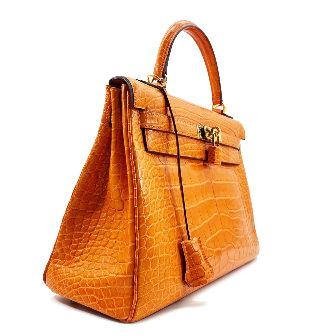 HERMES エルメス ハンドバッグ ケリー32 内縫い クロコダイル(アリゲーター) オレンジ/ゴールド金具 □R刻印