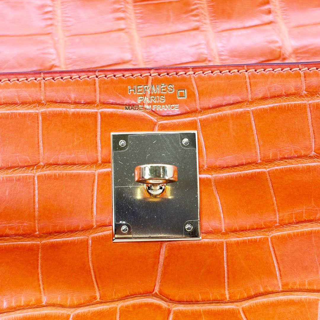 HERMES エルメス ハンドバッグ ケリー32 内縫い クロコダイル(アリゲーター) オレンジ/ゴールド金具 □R刻印