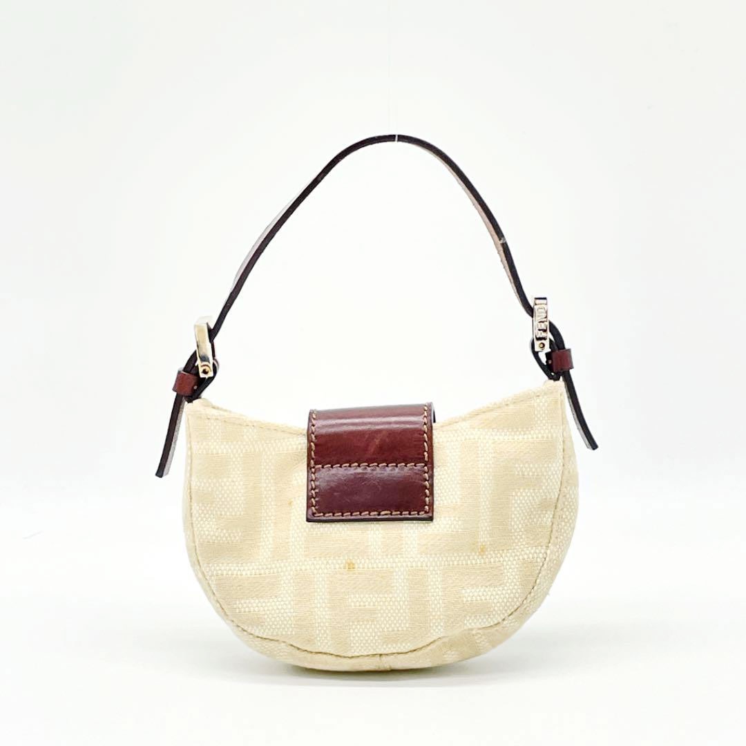 FENDI フェンディ ズッカ クロワッサン ミニポーチ ハンドバッグ キャンバス レザー ベージュ ブラウン