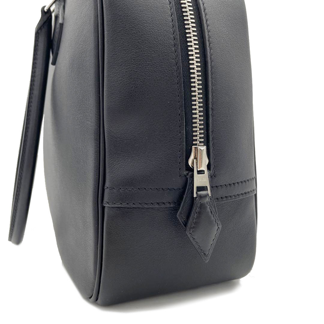 HERMES エルメス プリュム28 ハンドバッグ ヴォー・スイフト ノワール/ブルーアガット シルバー金具 A刻印