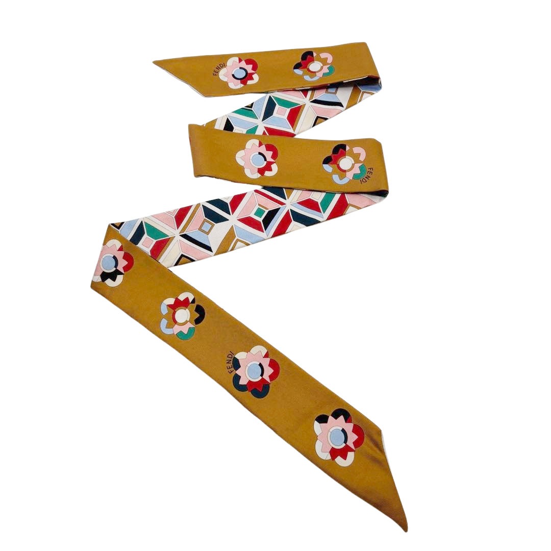 FENDI フェンディ リボンスカーフ ラッピー 幾何学柄 シルク100
