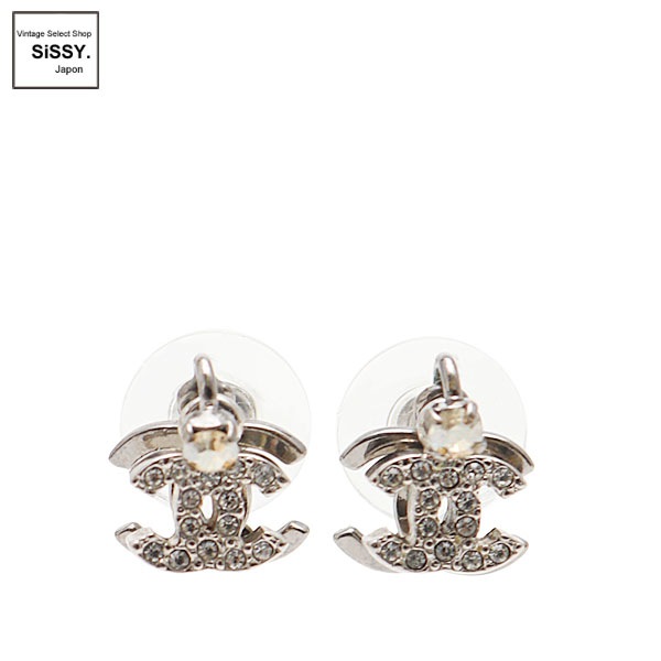 【美品】CHANEL・シャネル・ピアス・ラインストーン・ココマーク・06P □シャネル□ ダブルココマーク ピアス シルバー ラインストーン