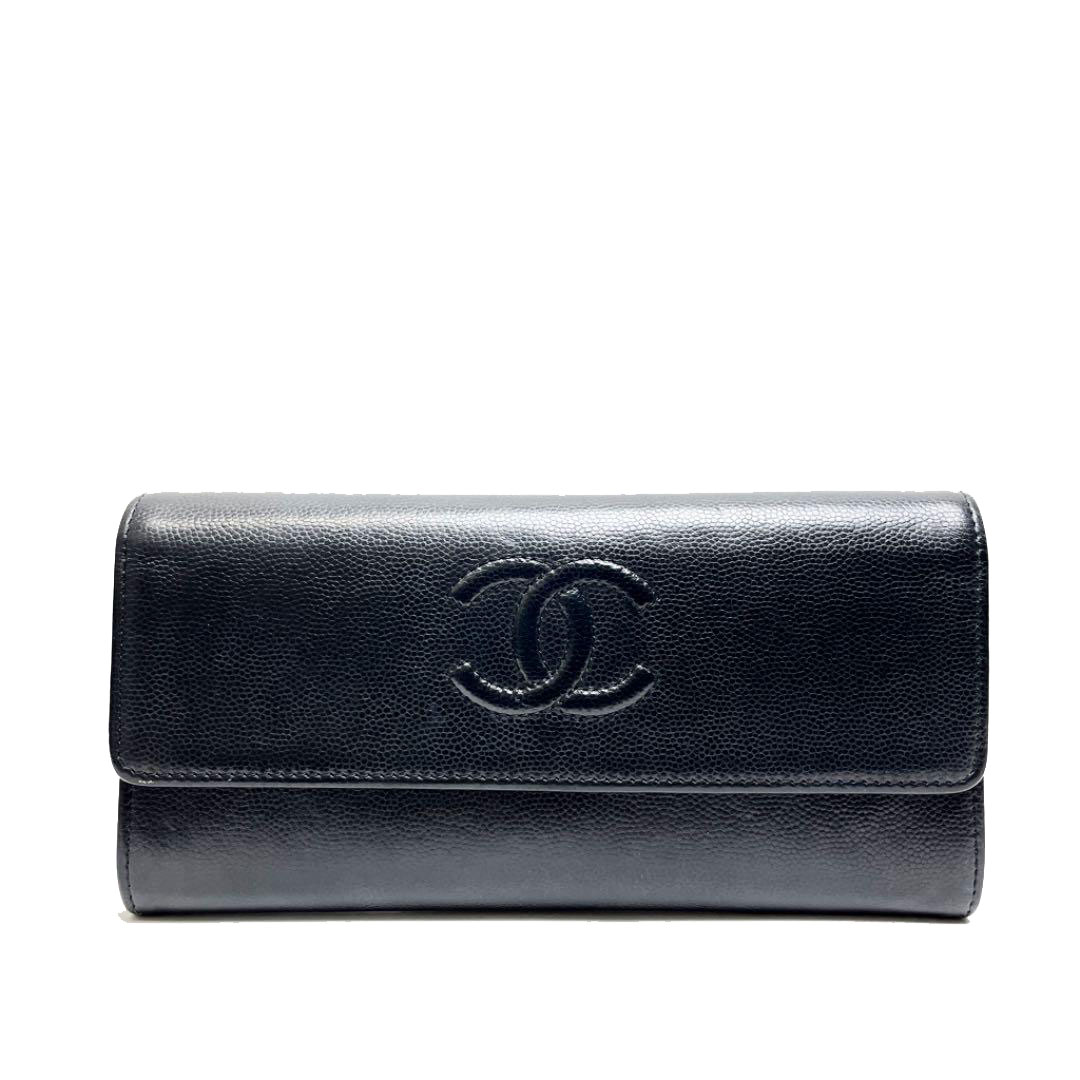 CHANEL シャネル ココマーク ホック式長財布 キャビアスキン ブラック 24番台（2017年頃製造）