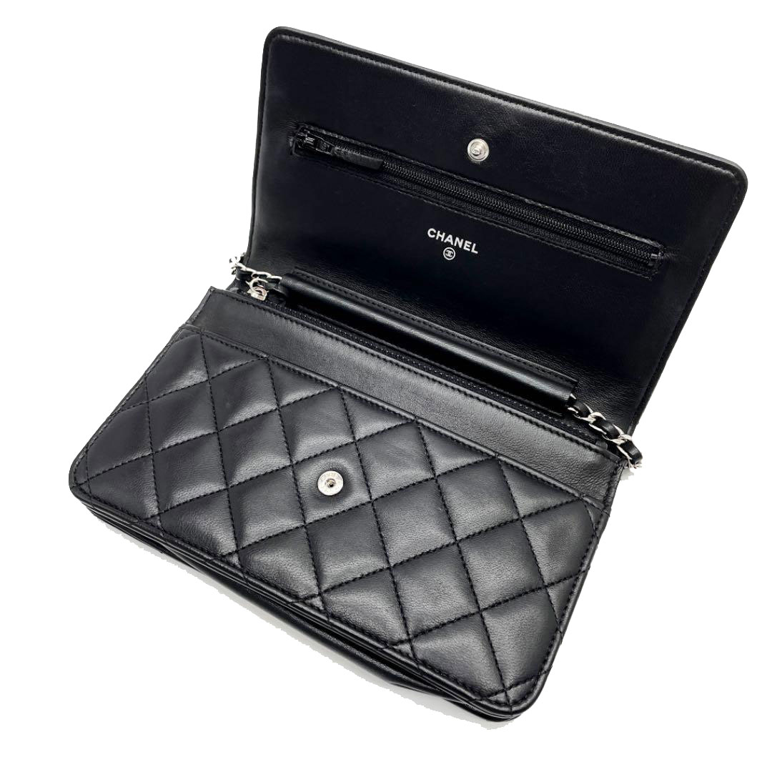 CHANEL シャネル チェーンウォレット 財布 ラムスキン ブラック シルバー金具 19番台（2014年頃製造）