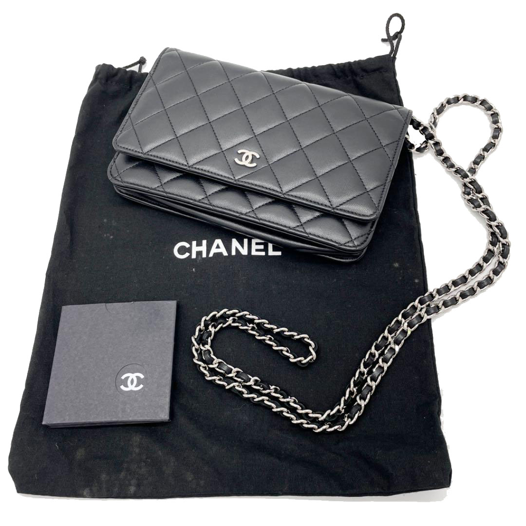 CHANEL シャネル チェーンウォレット 財布 ラムスキン ブラック シルバー金具 19番台（2014年頃製造）