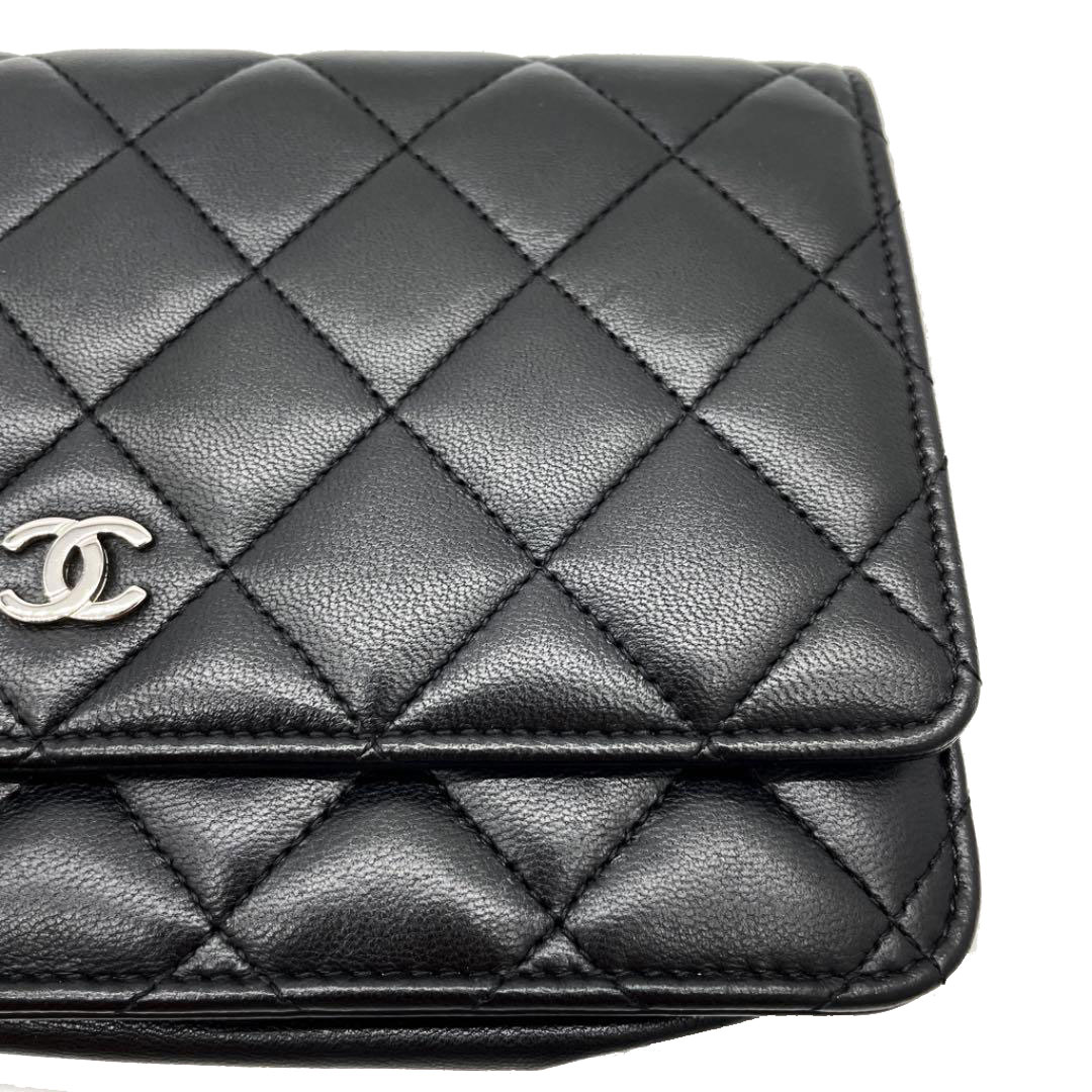 CHANEL シャネル チェーンウォレット 財布 ラムスキン ブラック シルバー金具 19番台（2014年頃製造）