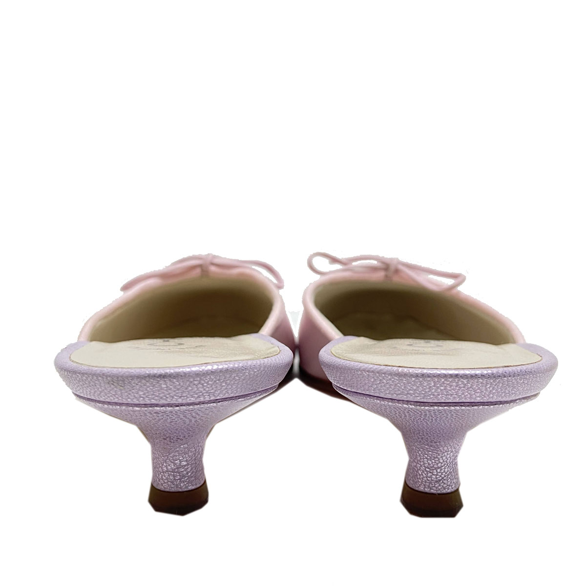 CHANEL シャネル ミュール サンダル キトゥンヒール ココマーク レザー 37C ライトピンク メタリックパープル