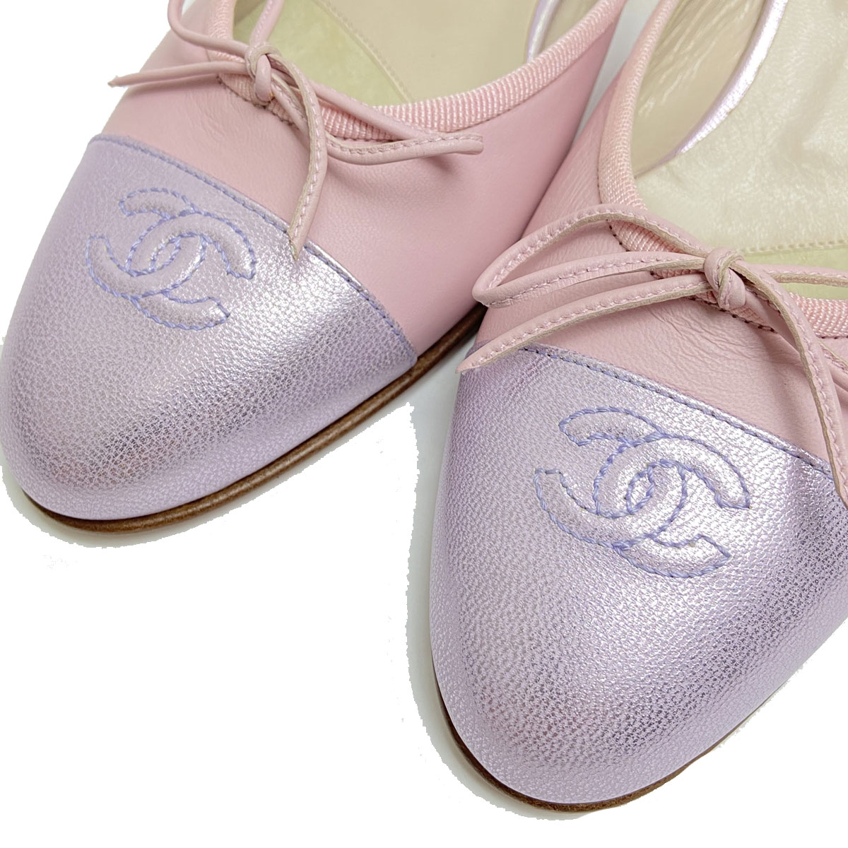 CHANEL シャネル ミュール サンダル キトゥンヒール ココマーク レザー 37C ライトピンク メタリックパープル