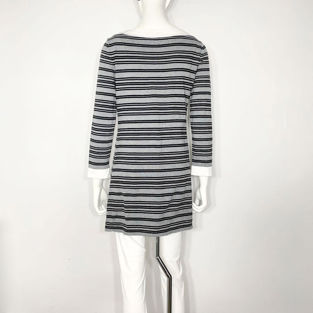 CHANEL シャネル 長袖チュニック トップス ボーダー 38 コットン グレー ブラック ホワイト 07P