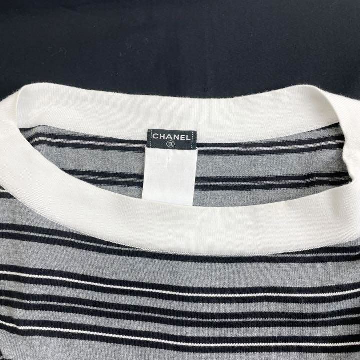 CHANEL シャネル 長袖チュニック トップス ボーダー 38 コットン グレー ブラック ホワイト 07P