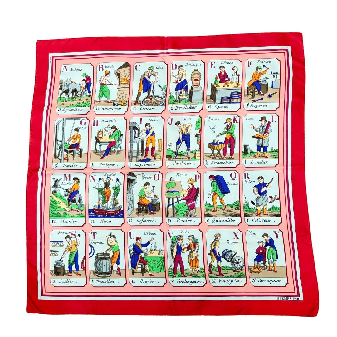 HERMES エルメス スカーフ カレ90 『L'ALPHABET DES METIERS(仕事のいろは)』 シルク ライトブルー/ピンク系