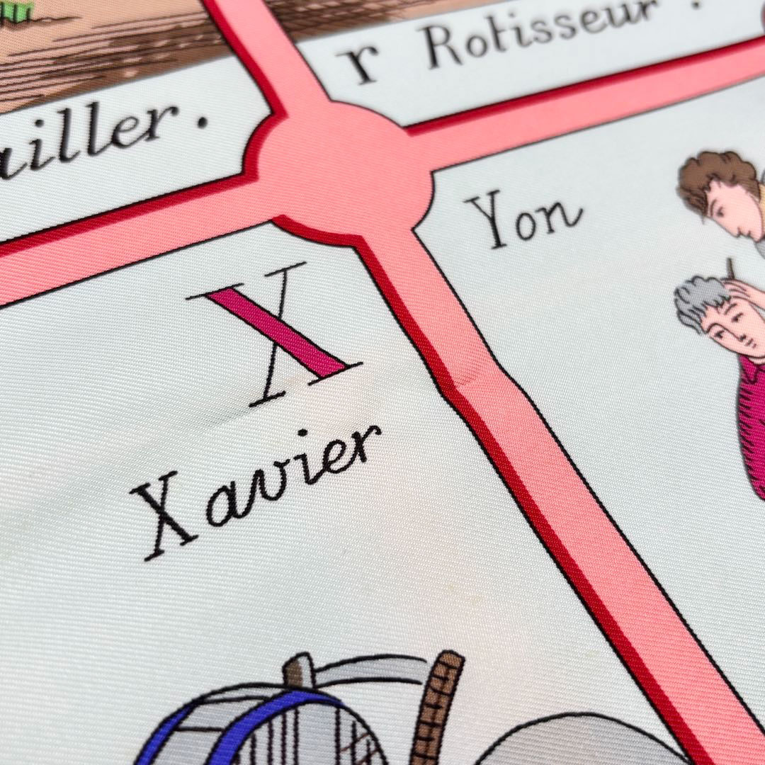 HERMES エルメス スカーフ カレ90 『L'ALPHABET DES METIERS(仕事のいろは)』 シルク ライトブルー/ピンク系