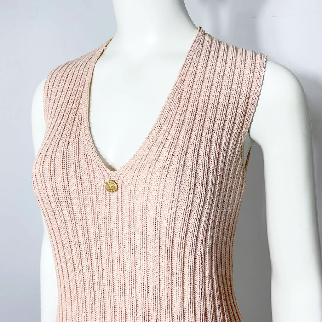 CHANEL シャネル ノースリーブニット ココマーク ピンクベージュ