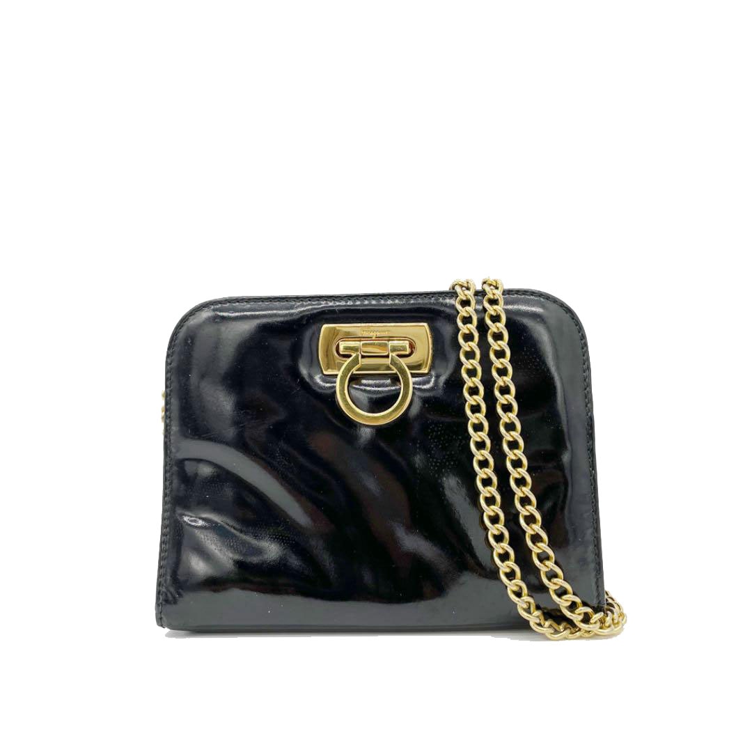 Salvatore Ferragamo サルヴァトーレ フェラガモ ガンチーニ 2WAY チェーンショルダーバッグ ウエストバッグ エナメル ブラック